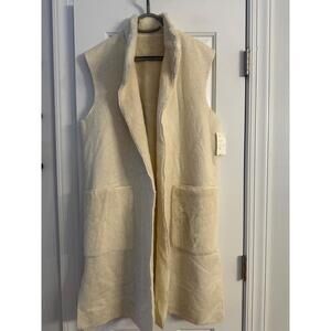 NWT Made in France Women's Faux Fur Long Vest Open Front Split Side Lark Ecru S